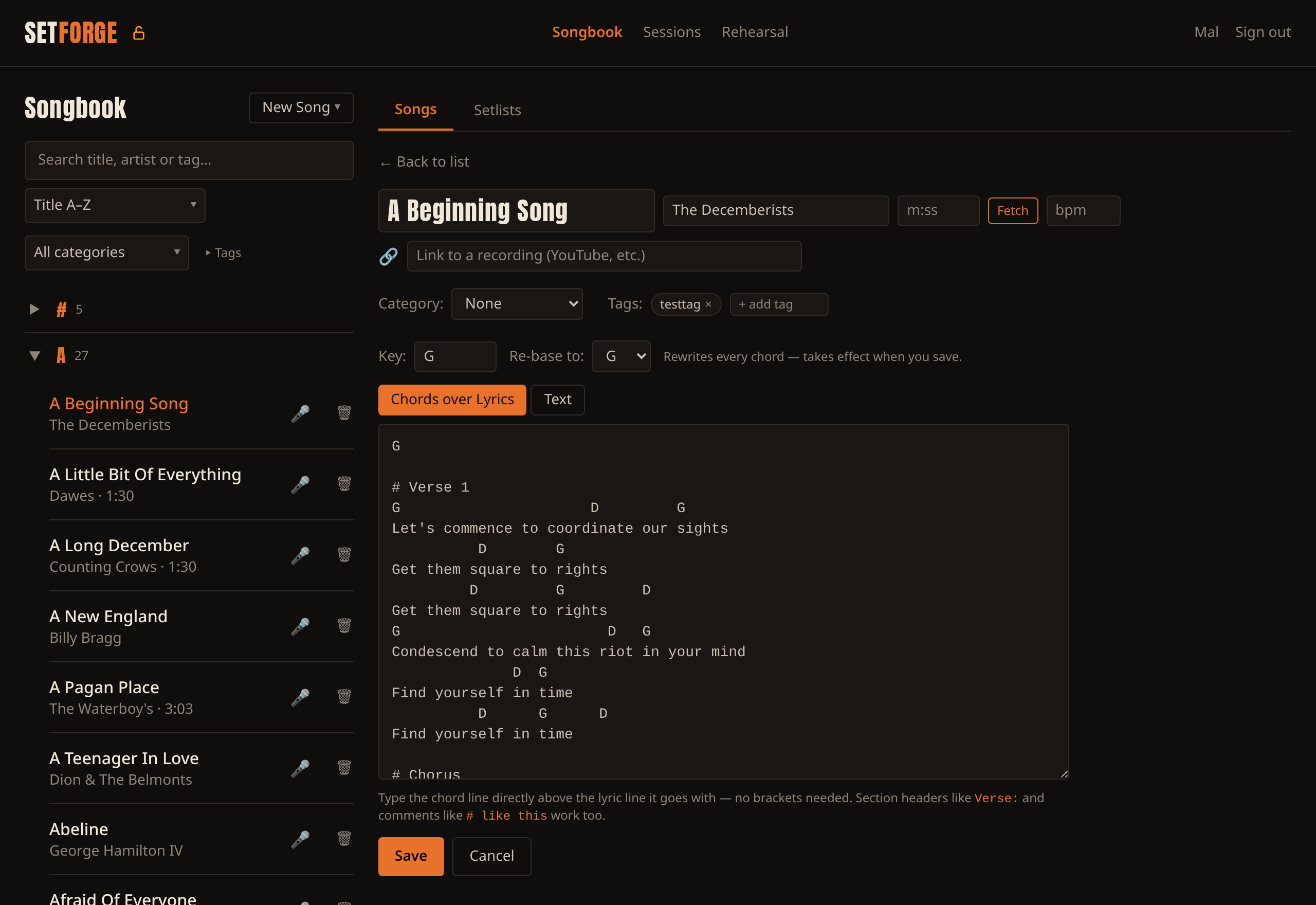 The song editor. Title, artist, duration and bpm run along the top, the recording link box sits under them, then category, tags and key, and the chart itself in Chords over Lyrics mode.