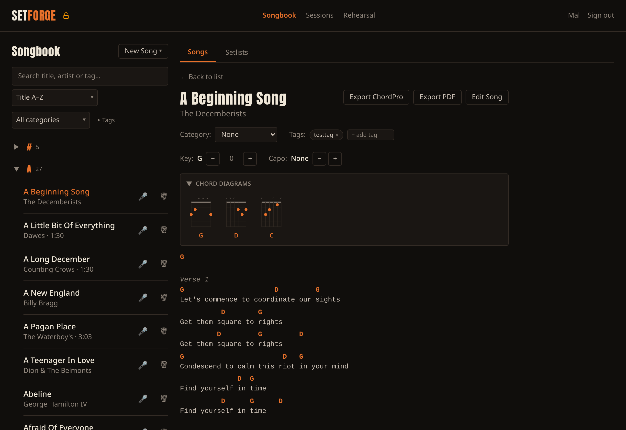A song open in the songbook. Under the title sit the category and tag controls, then the Key and Capo steppers, then the chord diagrams for every shape in the song, and below those the chart itself.