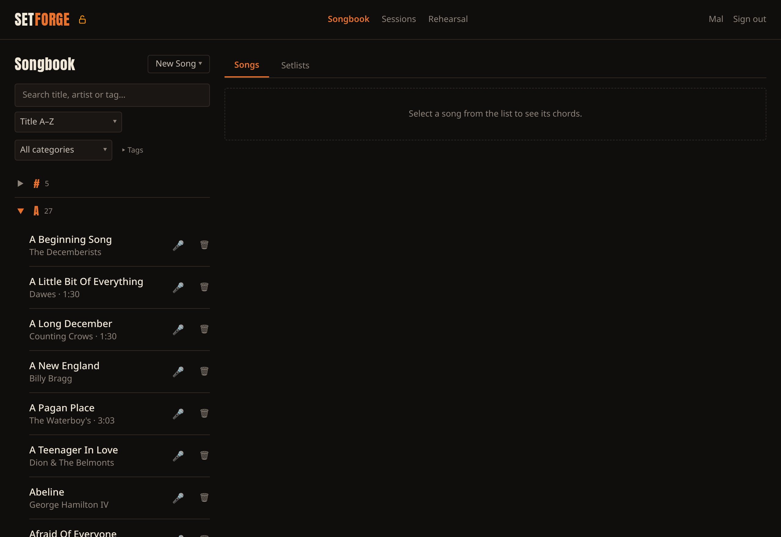 The Songbook tab. Songs are grouped A–Z down the left with a count against each letter and one letter opened to show its songs, each row carrying the artist, the length and buttons for Stage mode and delete. Above the list sit the search box, sort control and category filter. The right-hand pane shows a song's chart once you pick one.