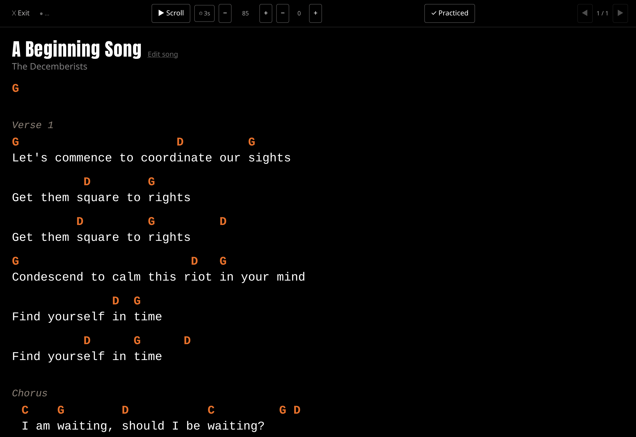 Stage mode. The chart fills the screen with chords picked out above the lyrics, and a single control bar across the top holds Exit, auto-scroll and its speed, transpose, the Practiced button and the position in the set.